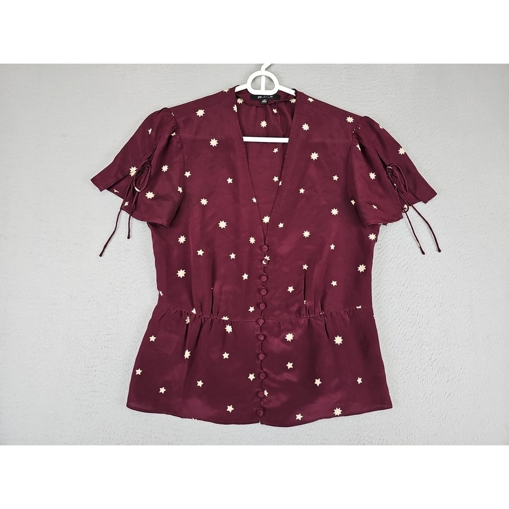 Madewell Silk Belle Top Size 00 Star Mix in‎ Rich Plum Button Front Tie Sleeve